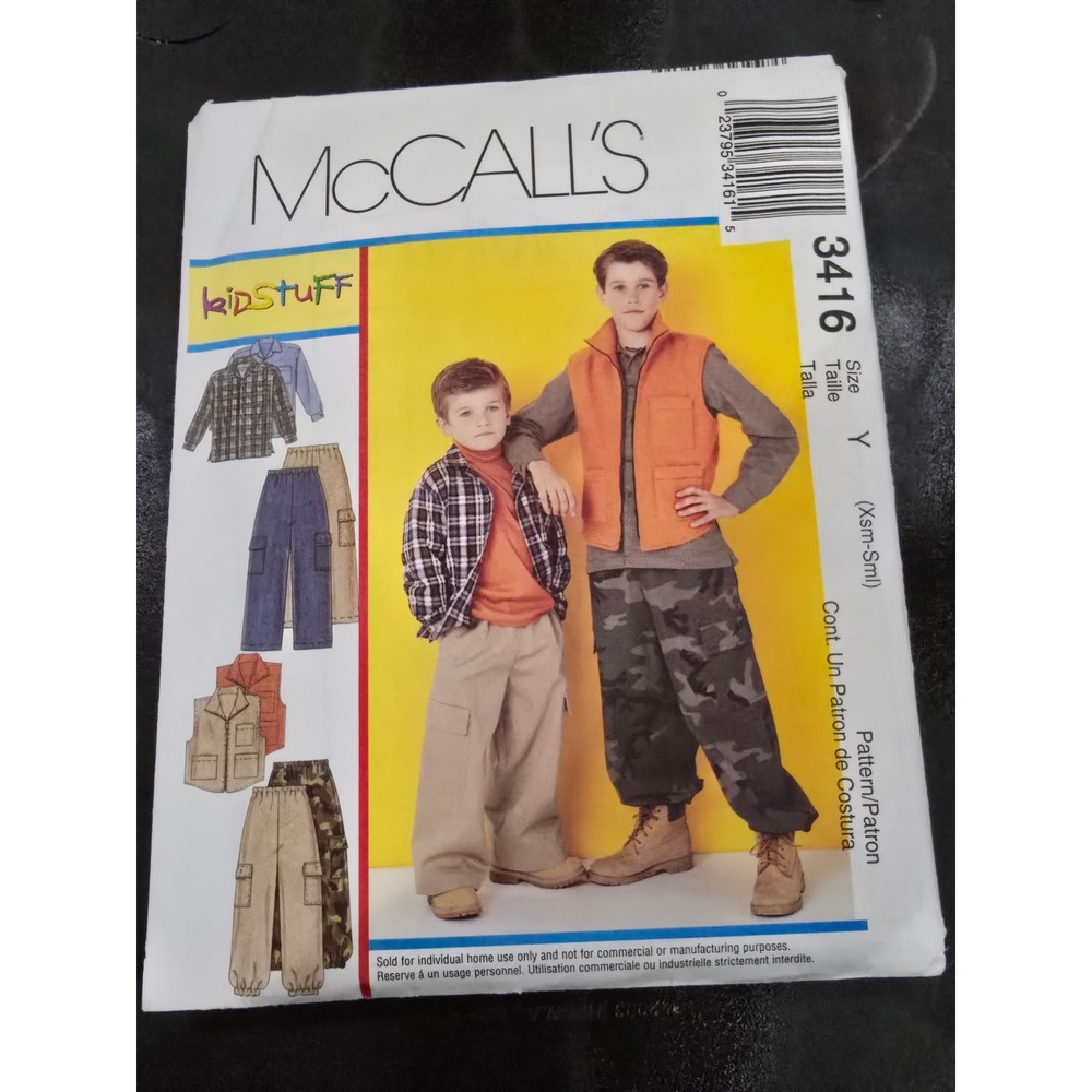 McCalls 3416 Boys Shirt Vest Cargo Pants Sewing Pattern Size Y XSm-Sml KidStuff